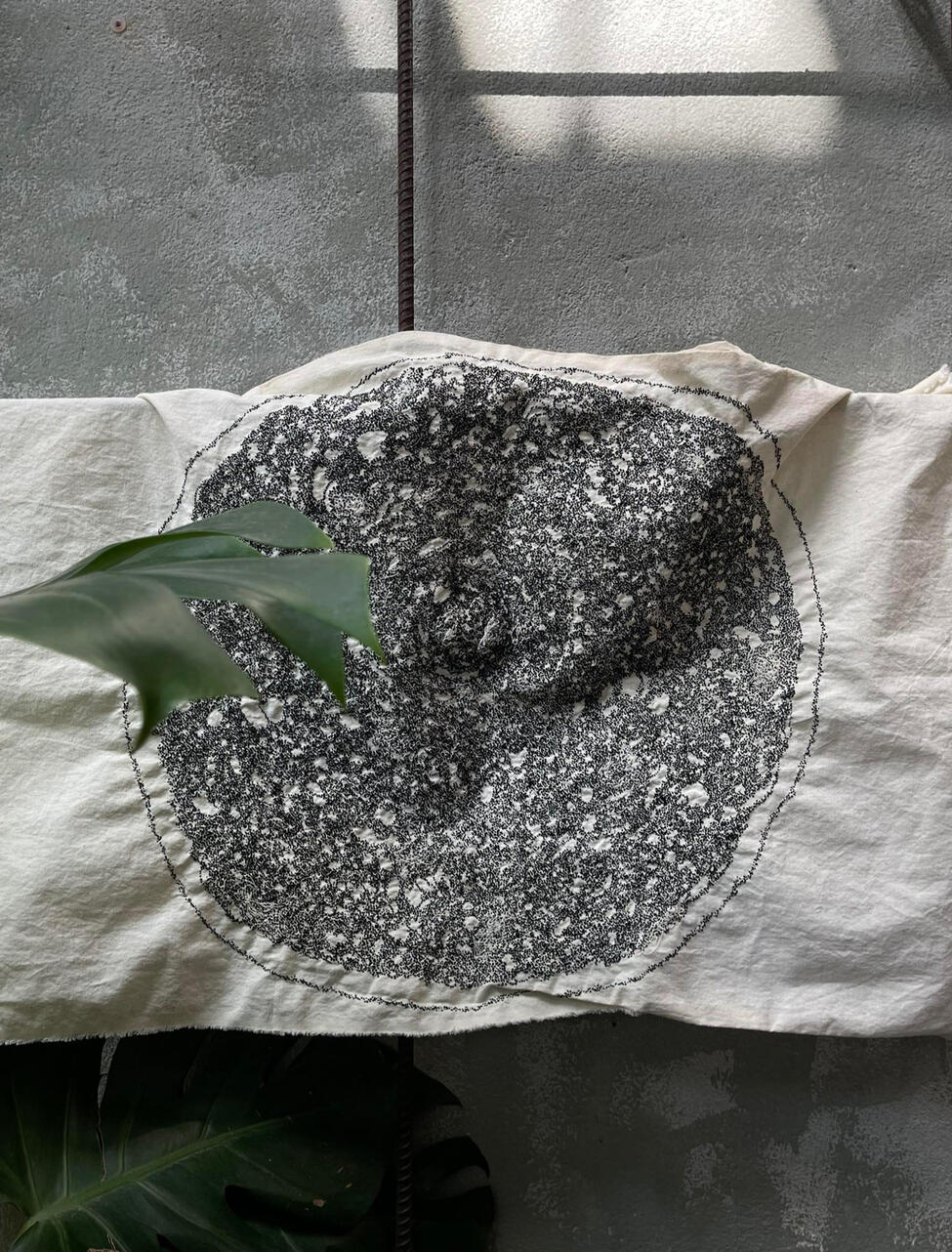 “Dark matter”, 2026. Hand embroidery on linen, 73x48 cm / 28.7”x18.9”.