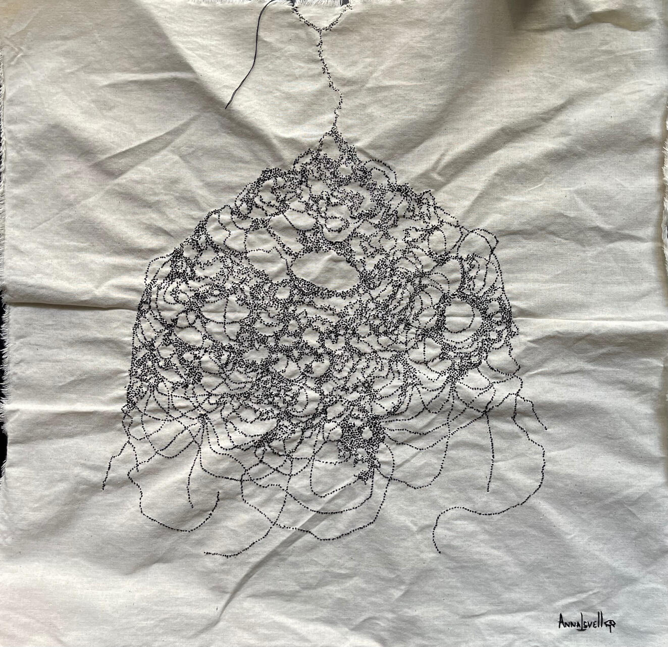 “Dark light”, 2026. Hand embroidery on linen, size 48x45 cm / 18.9”x17.7”.