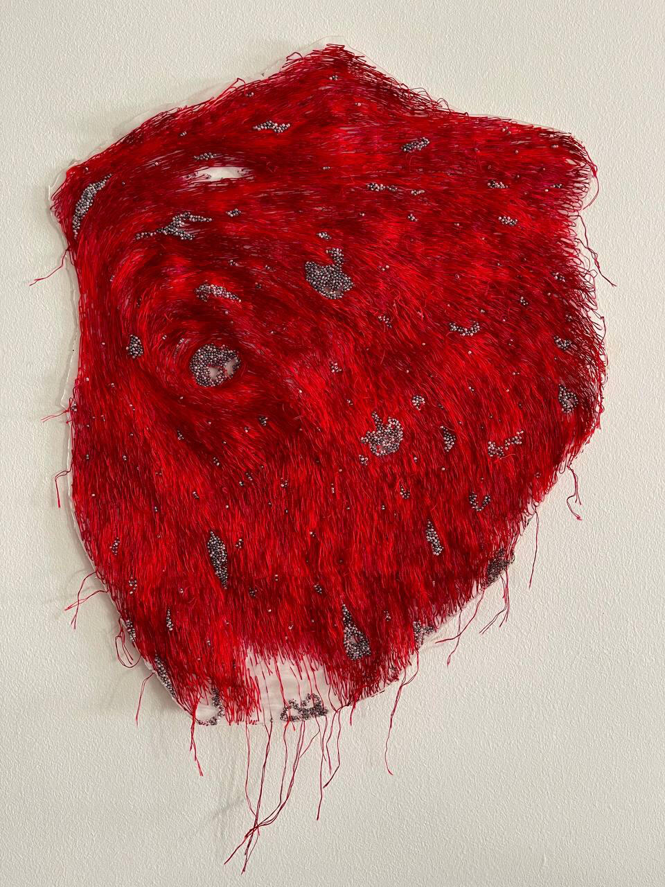 Crimson river’, 2024. Hand embroidery in tulle, size 44x52x30x51 cm