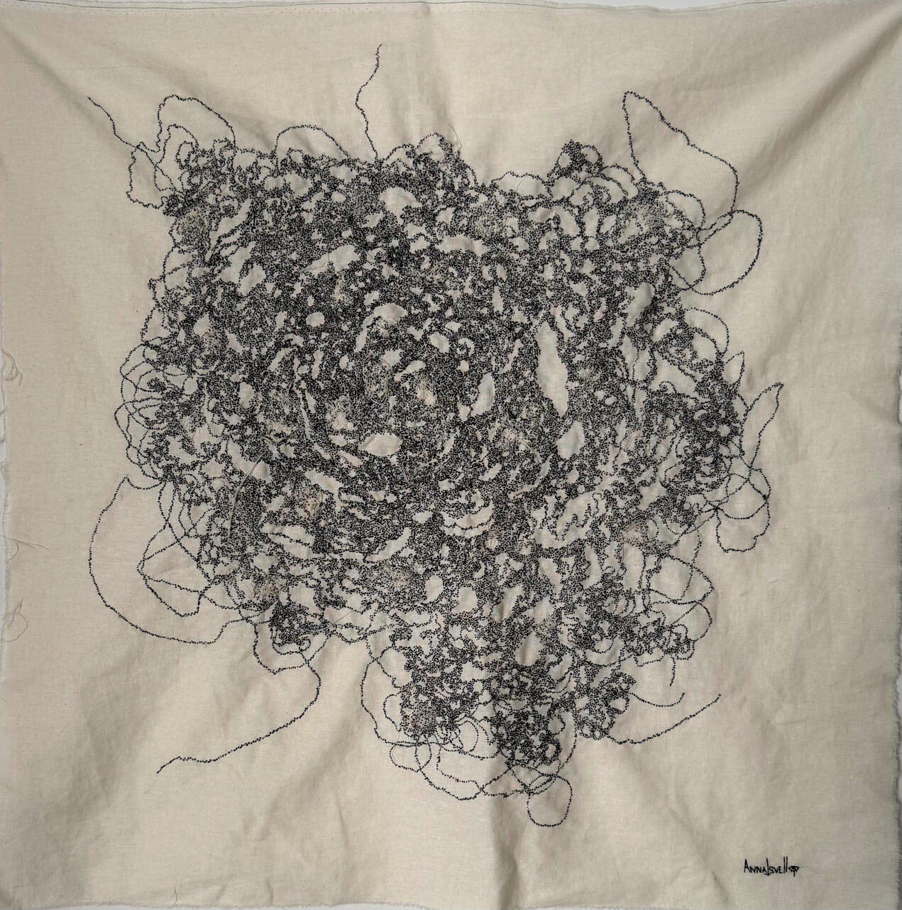 “The gaze inside yourself”, 2026. Hand embroidery on linen, size 70x67 cm / 27.5”x26”