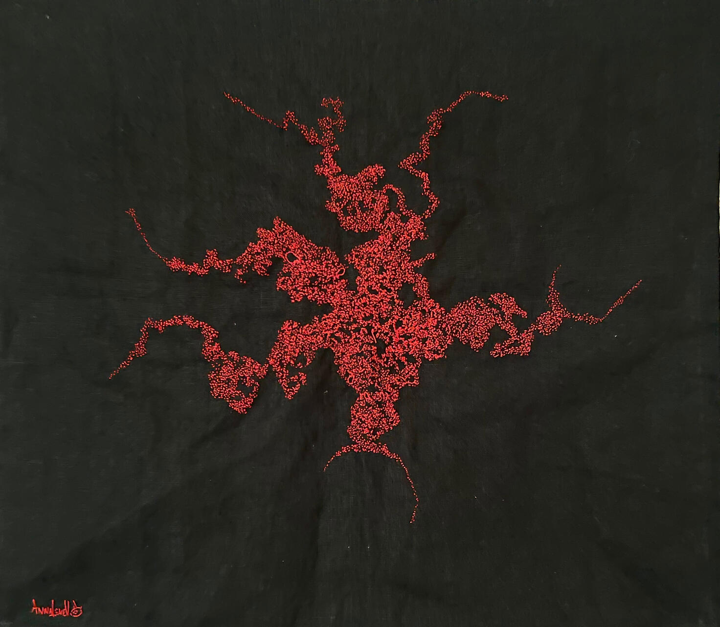 "Solve Coagula", 2026. Hand embroidery on linen, size 50x45 cm / 19.6"x17.7"