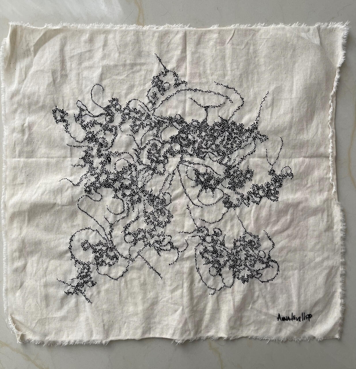 "The flow", 2025. Hand embroidery on linen, 40х40 cm / 15.7”x15.7”