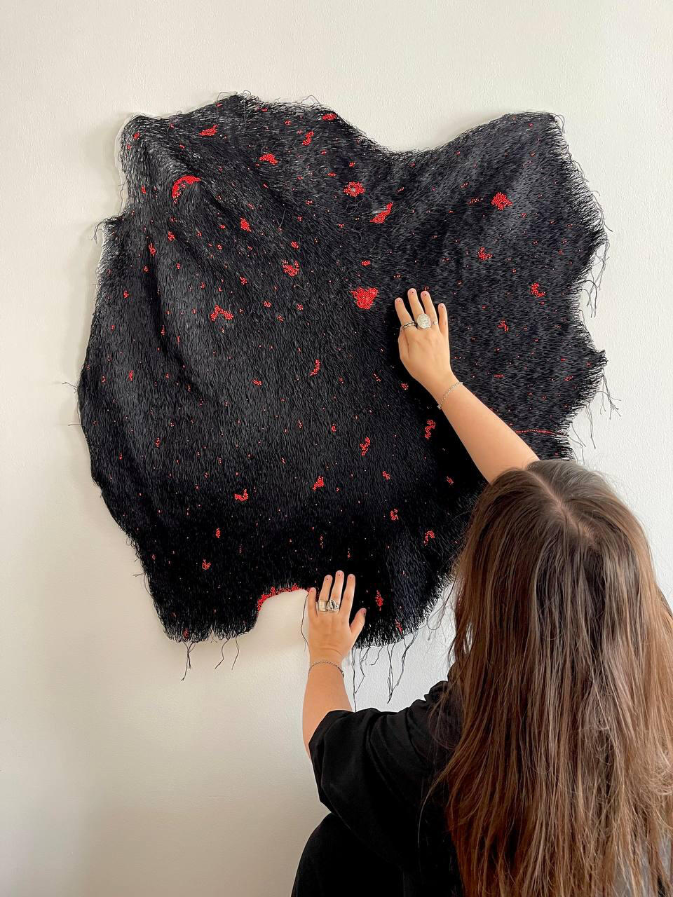 “Dark Phoenix”, 2024. Hand embroidery and beads on tulle, 78x95x85 cm