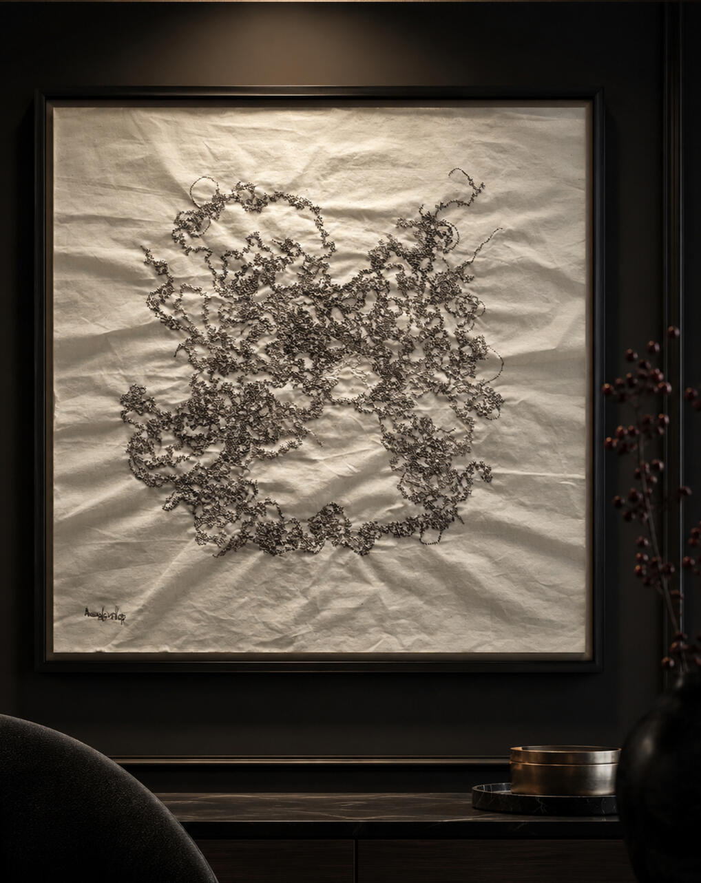 “Sandstorm”, 2026. Hand embroidery on linen, 48x46 cm. Private collection