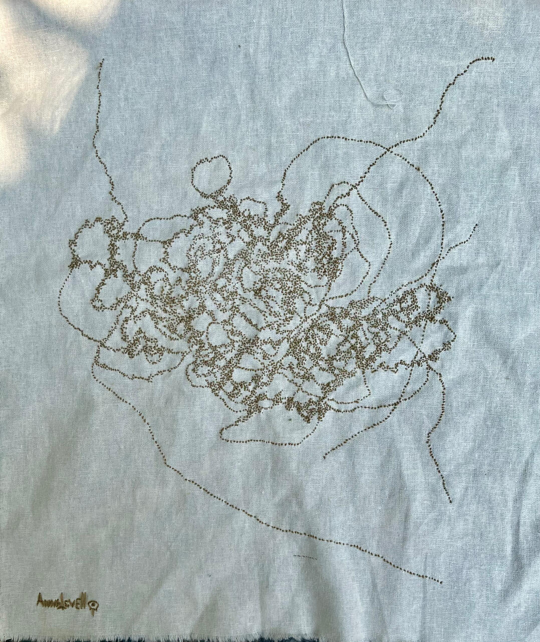 "Sprouts”, 2026. Hand embroidery on linen, 35x40 cm / 13.7”x19.2”.