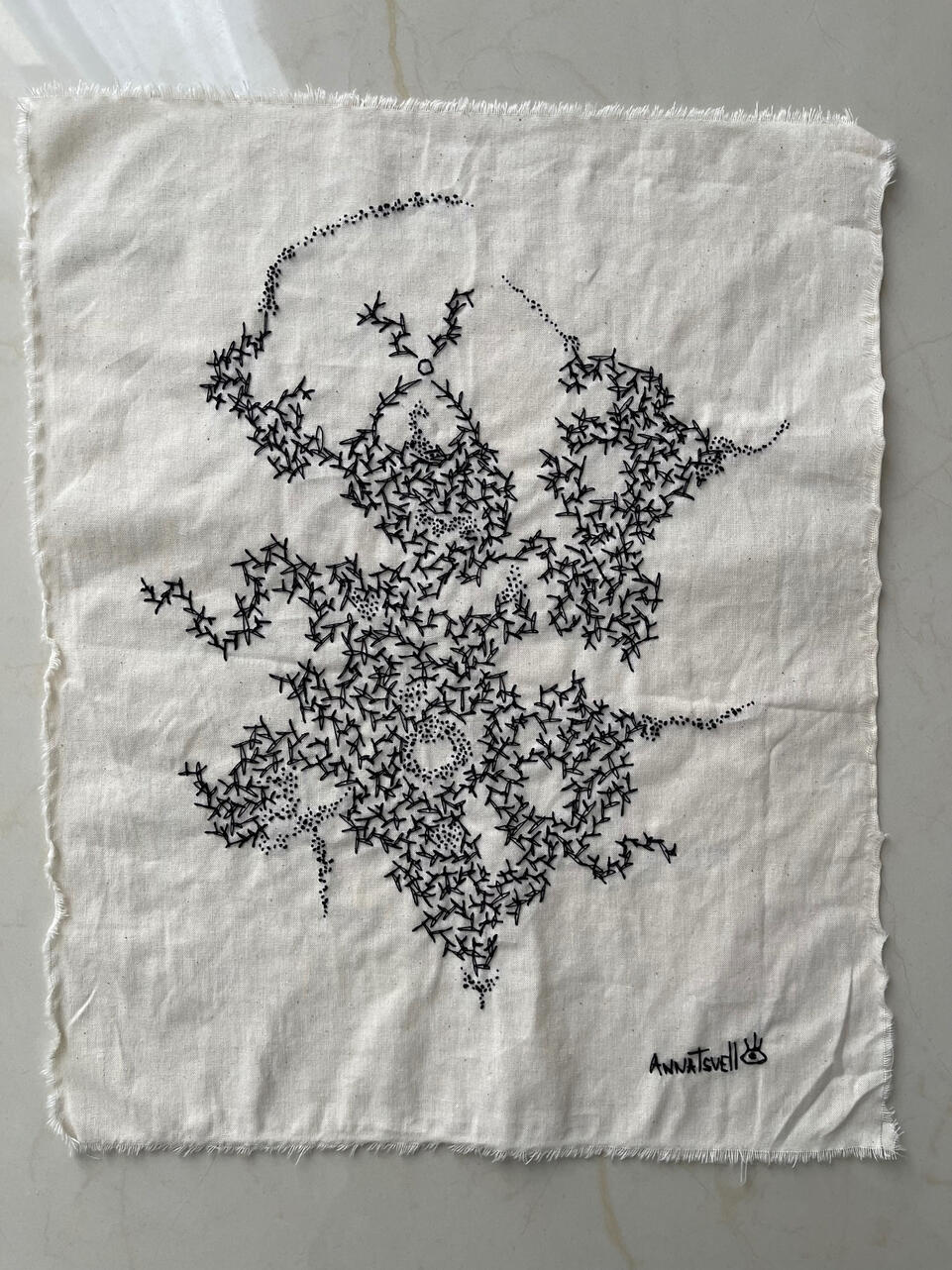 “Trees are dancing at night”, 2025. Hand embroidery on linen, 40x30 cm / 15.7”x11.8”.