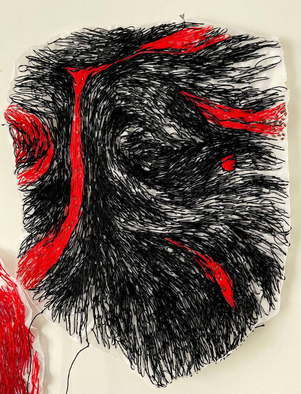 “Vampire’s kiss”, 2023. Hand embroidery on transparent fabric, size 26x34 cm