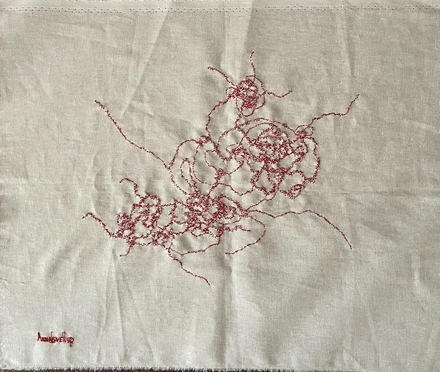 “Red ashes”, 2026. Hand embroidery on linen, size 42x33 cm / 16.5”x13”