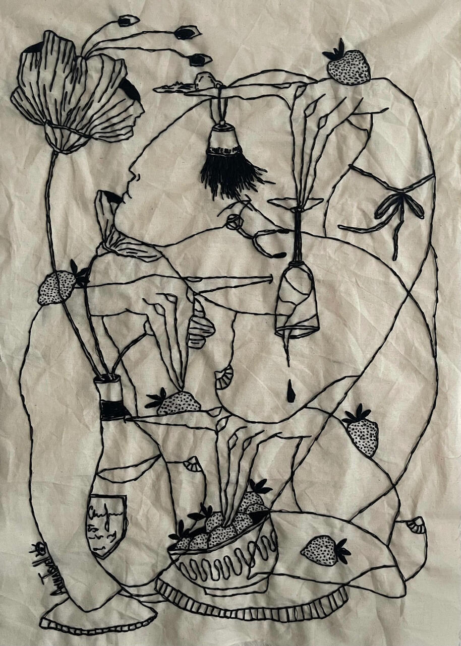 “Early morning at Chateau Marmont”, 2025, hand embroidery on linen, 46x65 cm / 18.1”x25.5”