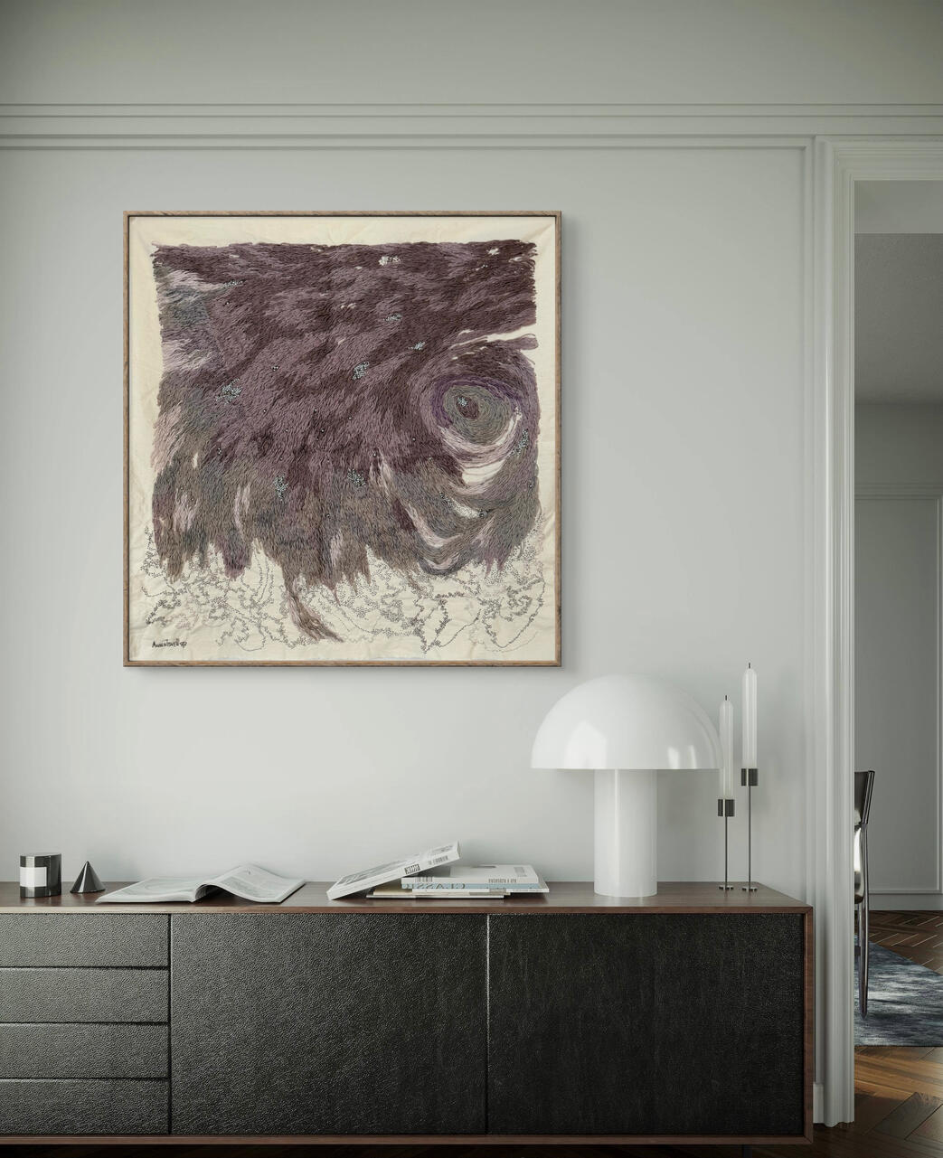’Calm morning’, 2025-2026. Hand embroidery on linen, size 73x70 cm.