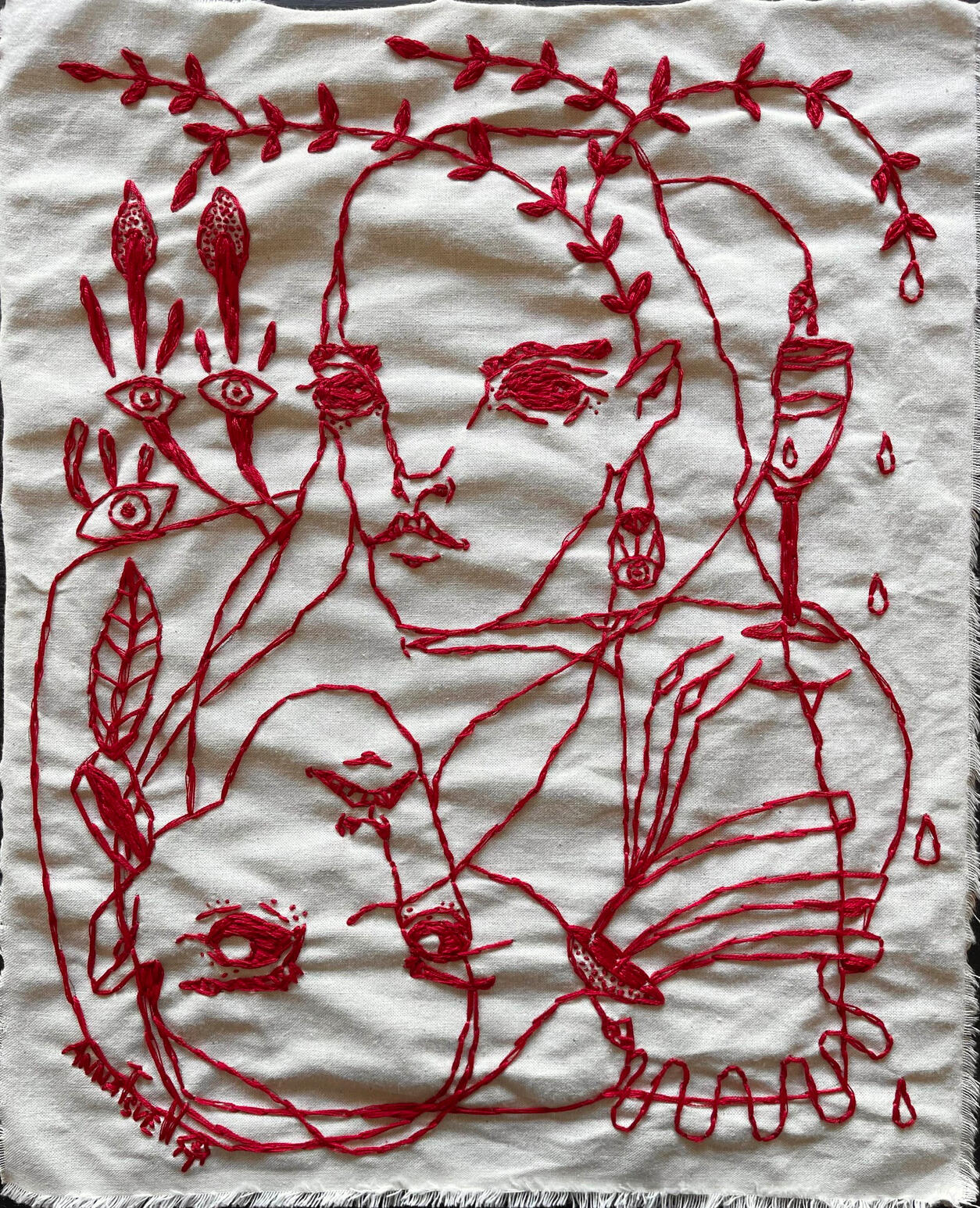 “Leisurely conversation”,2025. Hand embroidery on linen, 30x36 cm / 11.8”x14.1”