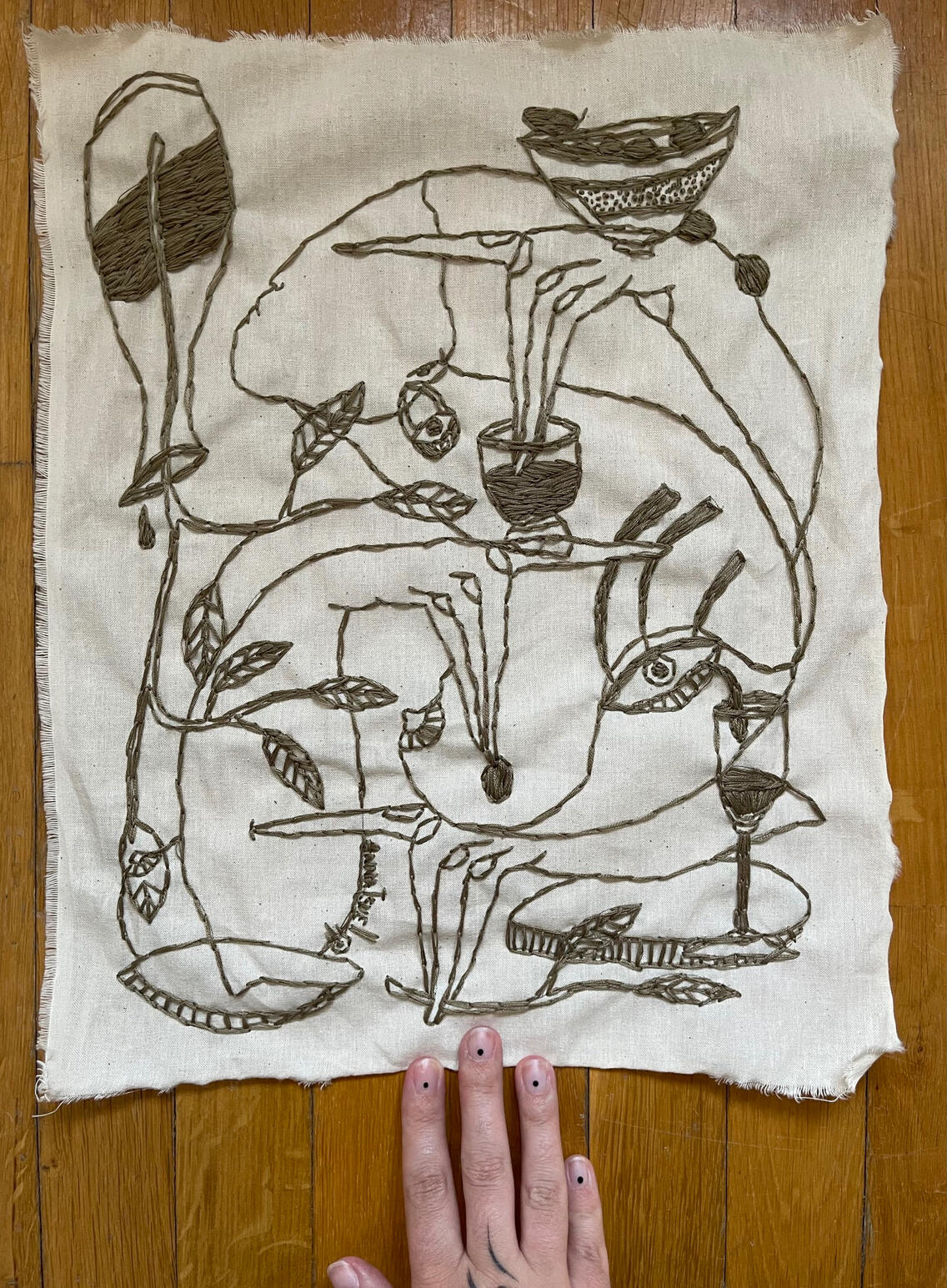 “In the shade of olive trees”, 2025. Hand embroidery on linen, size 40x30cm / 15.7”x11.8”.