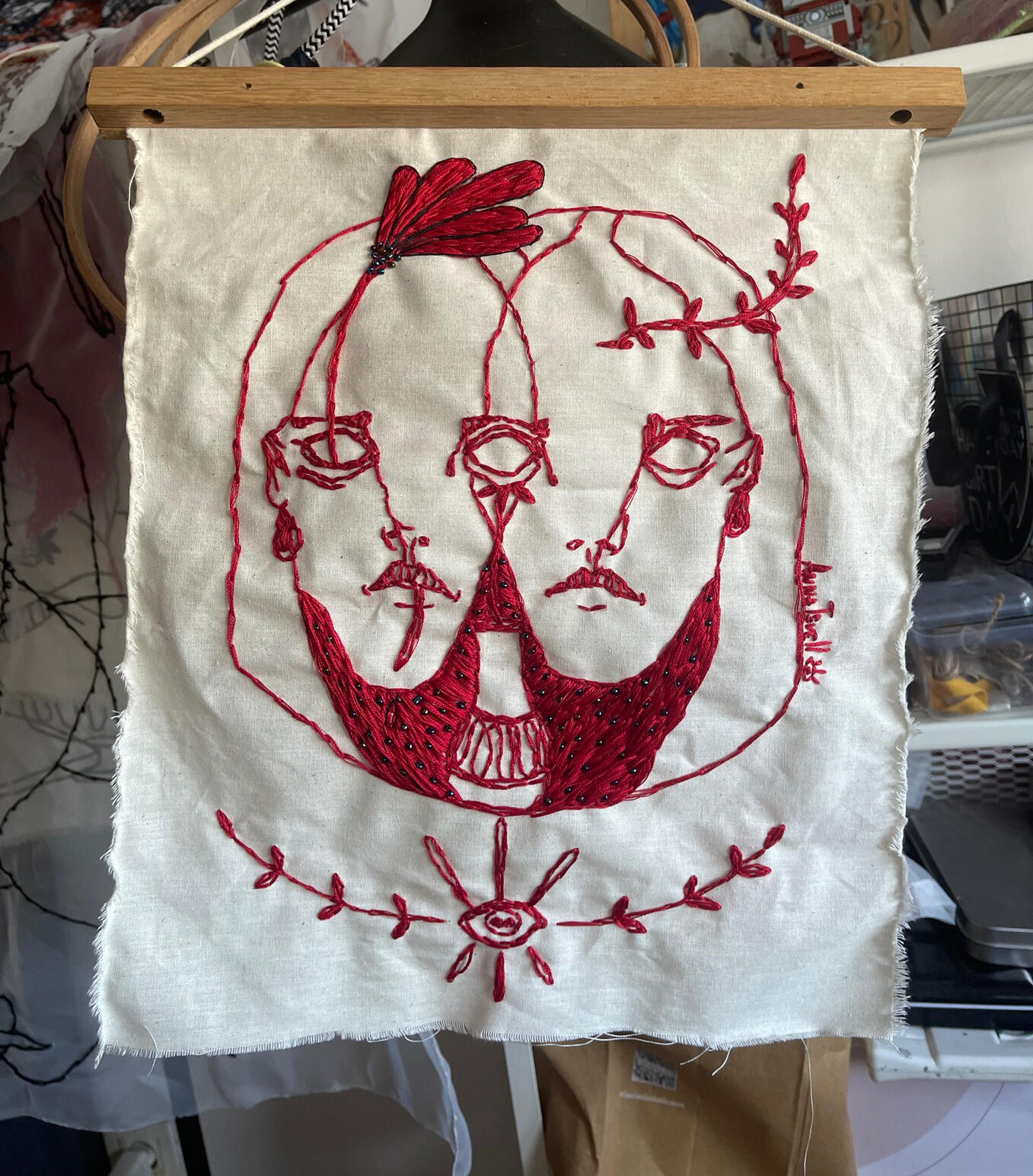 “Red nature”, 2025. Hand embroidery on linen, 30x36 cm / 11.8”x14.1”