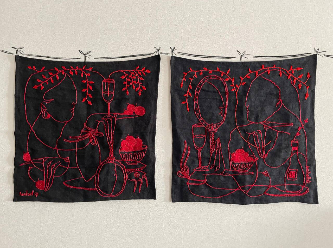 “Flesh, Blood, and Mirrors”, diptych, 2025. Each is hand embroidery on linen, size 50x45cm. On exhibition currently